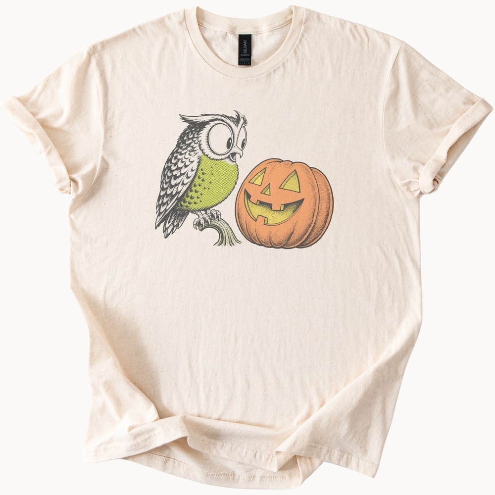 Startled Owl Faces the Jack-o-Lantern Halloween Tee
